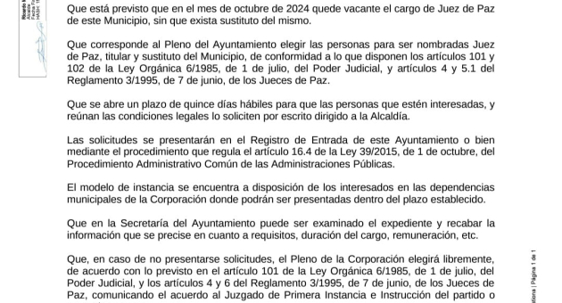 Anuncio convocatoria elección Juez de Paz Titular y Sustituto